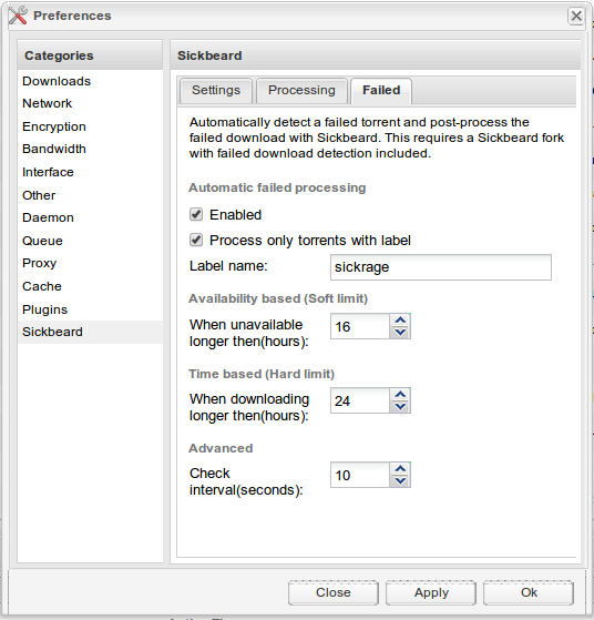 Deluge preferences - Sickbeard failed