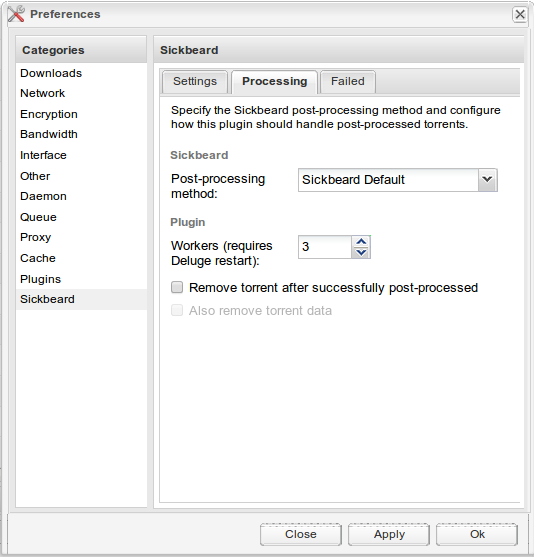 Deluge preferences - Sickbeard processing