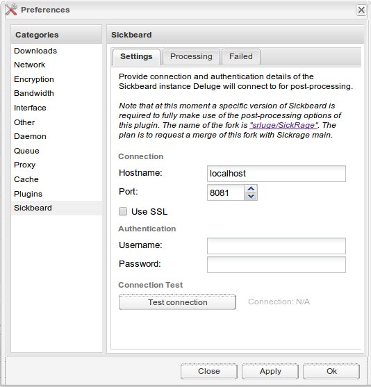 Deluge preferences - plugin settings