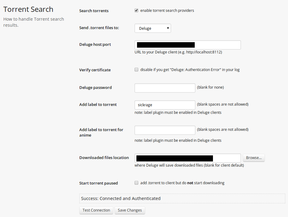 Sickbeard - Search Settings - Torrent Search - Deluge